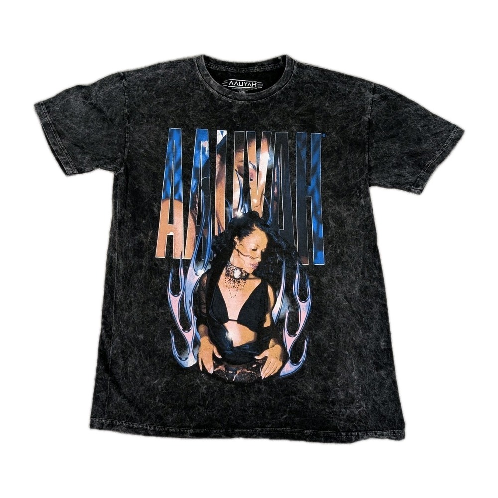 Aaliyah Shirt Mens Size‎ Medium Black Acid Wash Graphic Tee Hip Hop R&B New